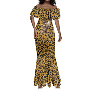 Shaka Zulu Mermaid Dress Leopard Print Design Traditional Warrior Spear and Shield Illustration Tribal King - African Pride