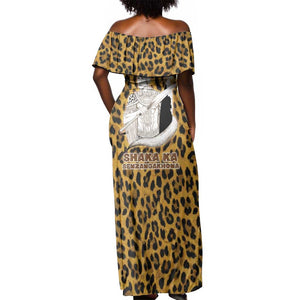 Shaka Zulu Off Shoulder Maxi Dress Leopard Print Design Traditional Warrior Spear and Shield Illustration Tribal King - African Pride