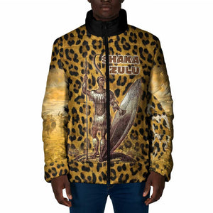 Shaka Zulu Padded Jacket Leopard Print Design Traditional Warrior Spear and Shield Illustration Tribal King - African Pride