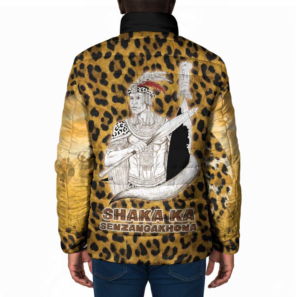 Shaka Zulu Padded Jacket Leopard Print Design Traditional Warrior Spear and Shield Illustration Tribal King - African Pride