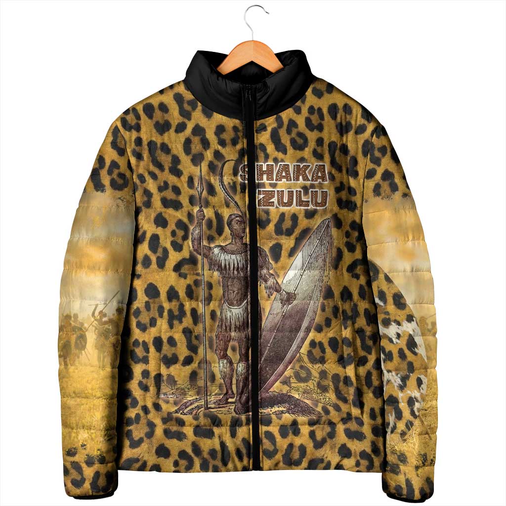 Shaka Zulu Padded Jacket Leopard Print Design Traditional Warrior Spear and Shield Illustration Tribal King - African Pride