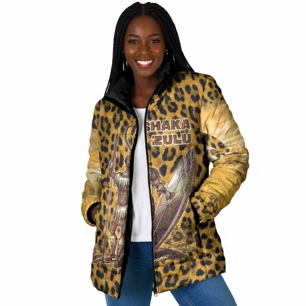 Shaka Zulu Padded Jacket Leopard Print Design Traditional Warrior Spear and Shield Illustration Tribal King - African Pride