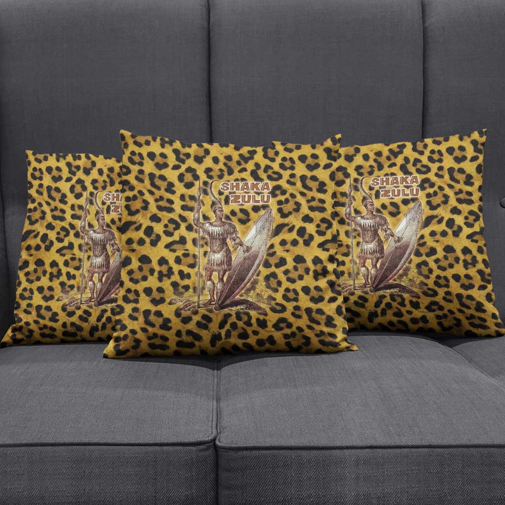 Shaka Zulu Pillow Cover Leopard Print Design Traditional Warrior Spear and Shield Illustration Tribal King - African Pride
