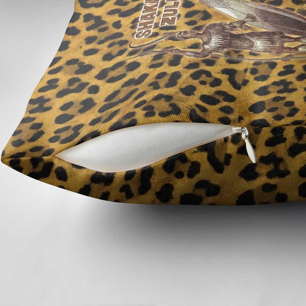 Shaka Zulu Pillow Cover Leopard Print Design Traditional Warrior Spear and Shield Illustration Tribal King - African Pride