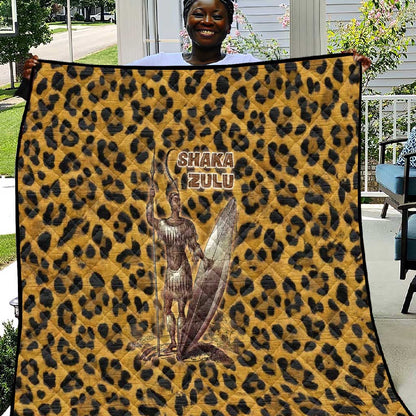 Shaka Zulu Quilt Leopard Print Design Traditional Warrior Spear and Shield Illustration Tribal King - African Pride