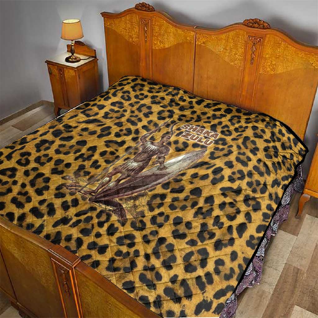 Shaka Zulu Quilt Leopard Print Design Traditional Warrior Spear and Shield Illustration Tribal King - African Pride