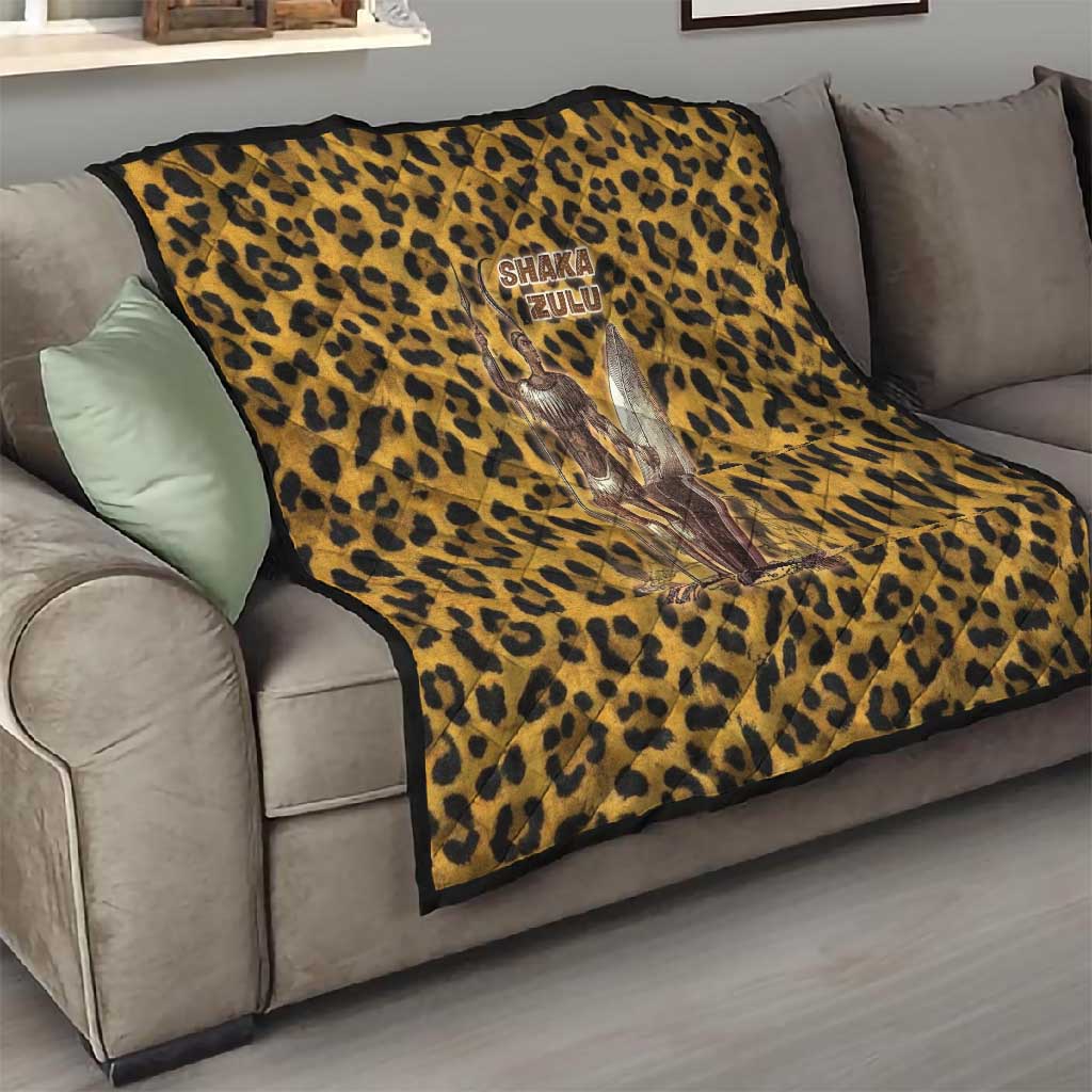 Shaka Zulu Quilt Leopard Print Design Traditional Warrior Spear and Shield Illustration Tribal King - African Pride