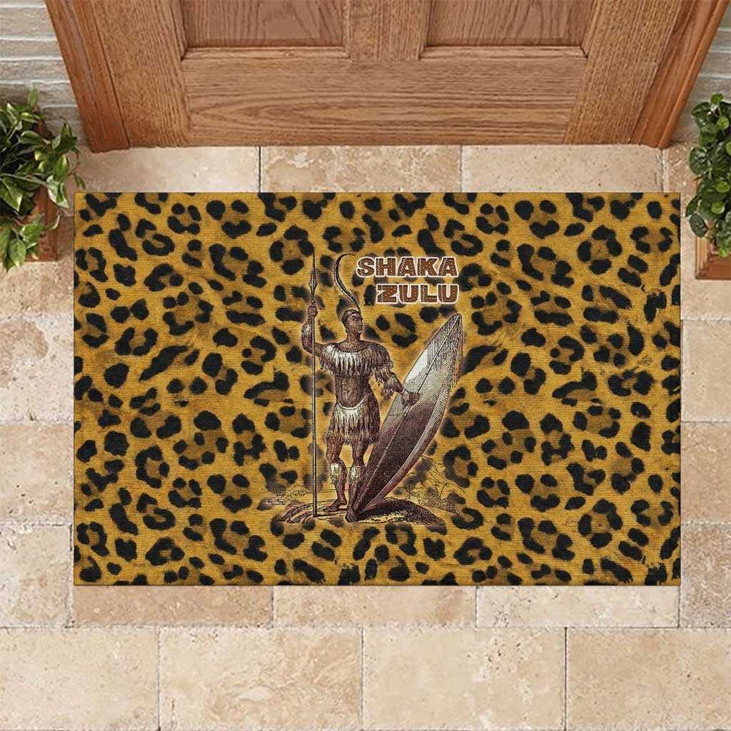 Shaka Zulu Rubber Doormat Leopard Print Design Traditional Warrior Spear and Shield Illustration Tribal King - African Pride