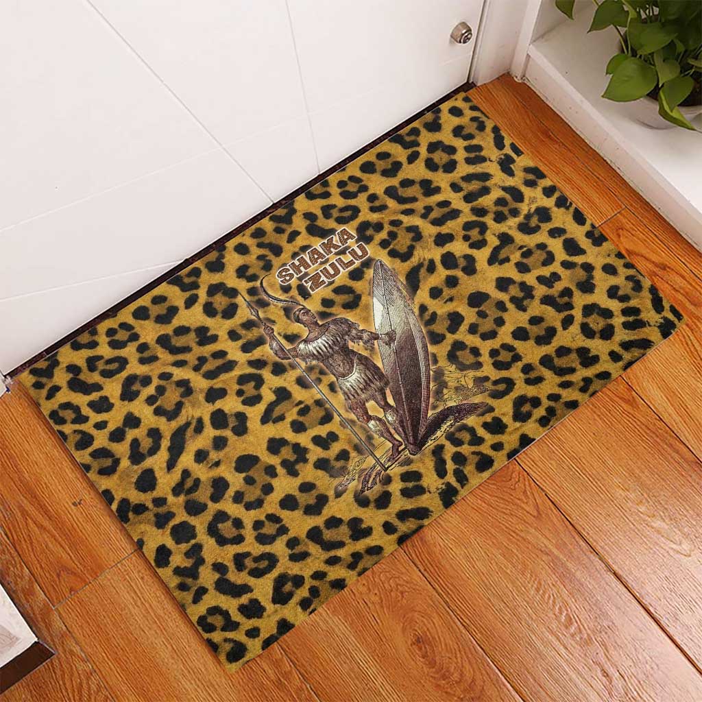 Shaka Zulu Rubber Doormat Leopard Print Design Traditional Warrior Spear and Shield Illustration Tribal King - African Pride