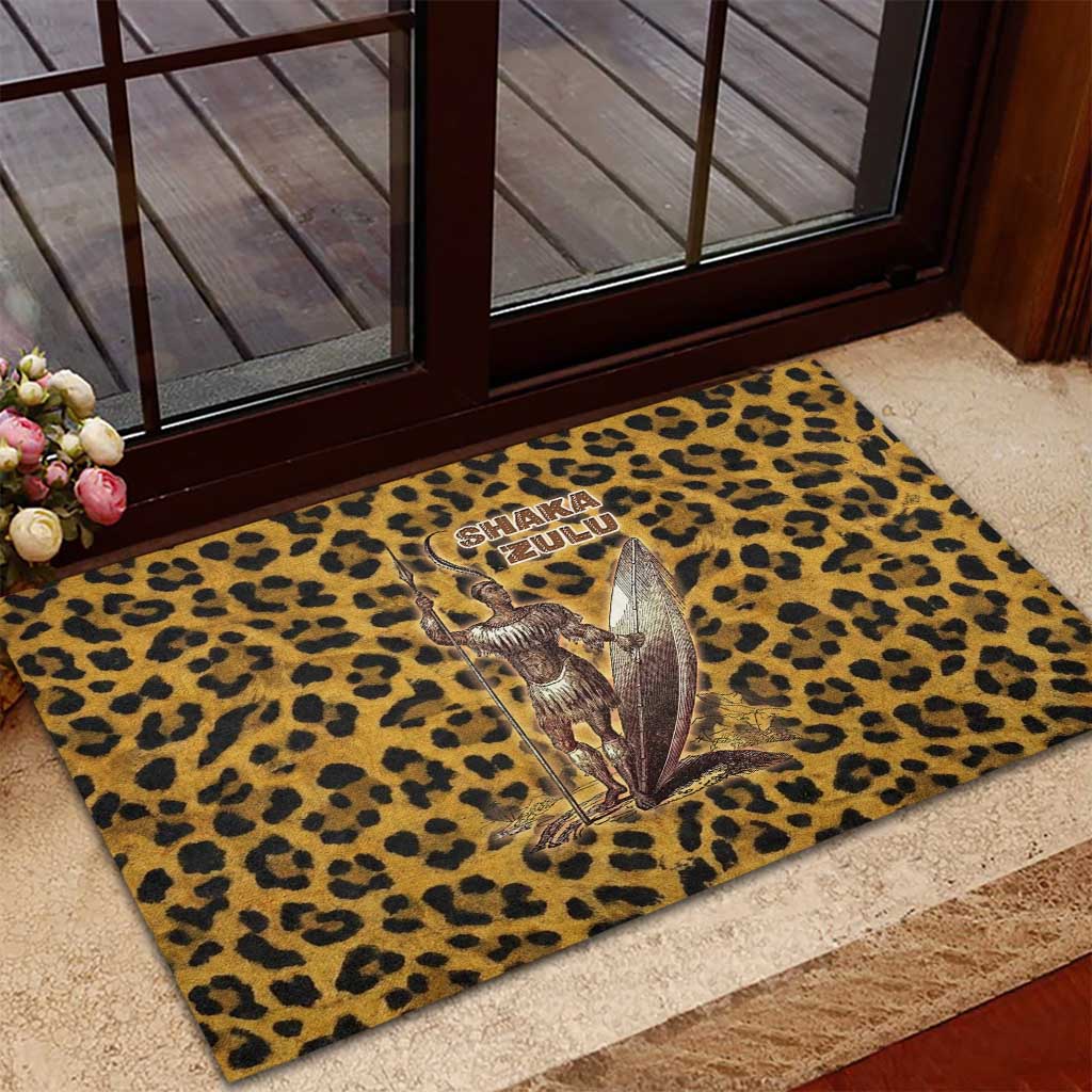 Shaka Zulu Rubber Doormat Leopard Print Design Traditional Warrior Spear and Shield Illustration Tribal King - African Pride