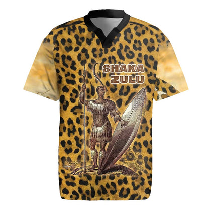 Shaka Zulu Rugby Jersey Leopard Print Design Traditional Warrior Spear and Shield Illustration Tribal King - African Pride