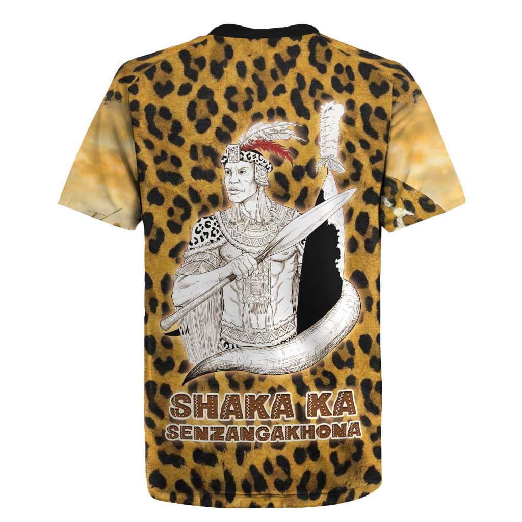 Shaka Zulu Rugby Jersey Leopard Print Design Traditional Warrior Spear and Shield Illustration Tribal King - African Pride