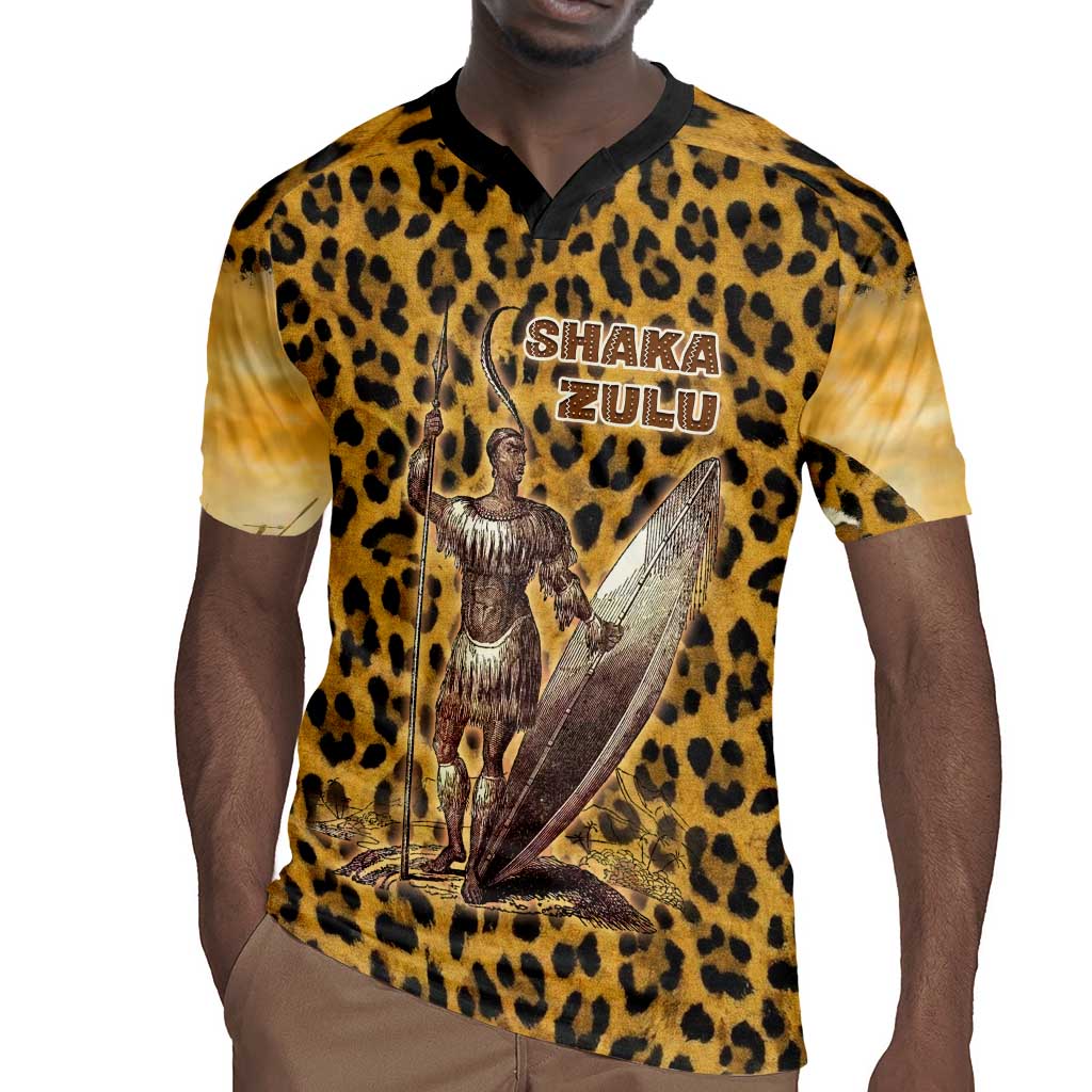 Shaka Zulu Rugby Jersey Leopard Print Design Traditional Warrior Spear and Shield Illustration Tribal King - African Pride