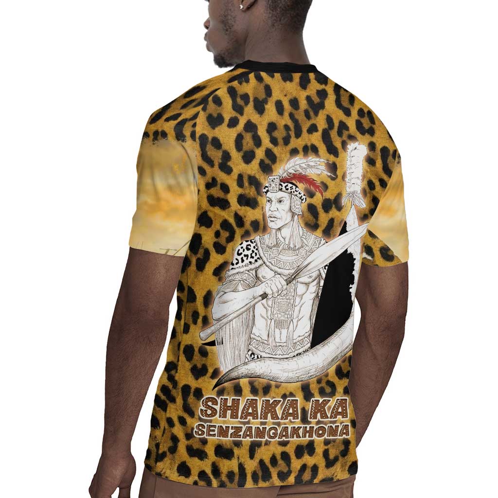 Shaka Zulu Rugby Jersey Leopard Print Design Traditional Warrior Spear and Shield Illustration Tribal King - African Pride
