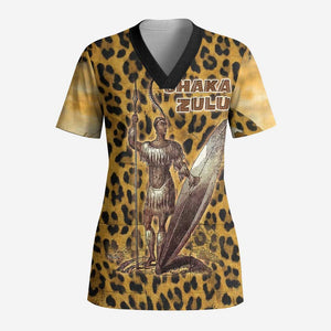 Shaka Zulu Scrub Top Leopard Print Design Traditional Warrior Spear and Shield Illustration Tribal King - African Pride