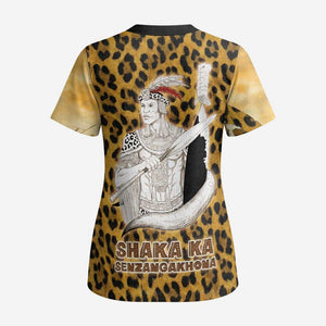 Shaka Zulu Scrub Top Leopard Print Design Traditional Warrior Spear and Shield Illustration Tribal King - African Pride