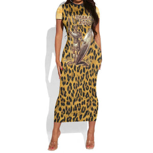 Shaka Zulu Short Sleeve Bodycon Dress Leopard Print Design Traditional Warrior Spear and Shield Illustration Tribal King - African Pride