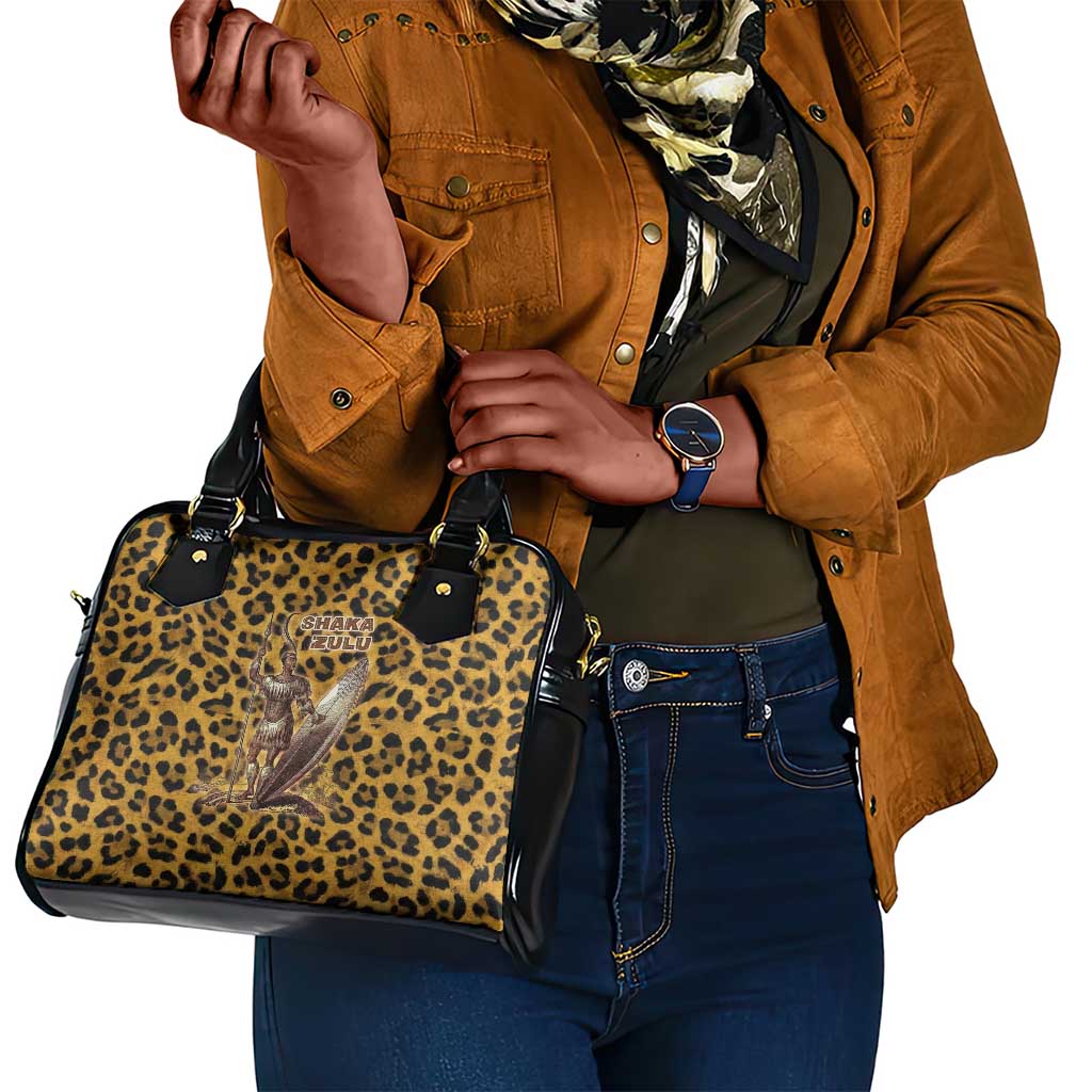 Shaka Zulu Shoulder Handbag Leopard Print Design Traditional Warrior Spear and Shield Illustration Tribal King - African Pride