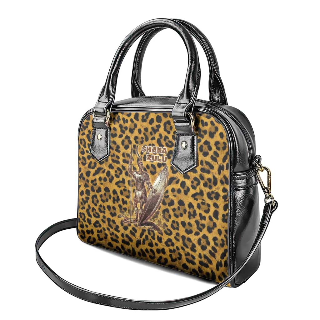 Shaka Zulu Shoulder Handbag Leopard Print Design Traditional Warrior Spear and Shield Illustration Tribal King - African Pride
