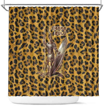 Shaka Zulu Shower Curtain Leopard Print Design Traditional Warrior Spear and Shield Illustration Tribal King - African Pride