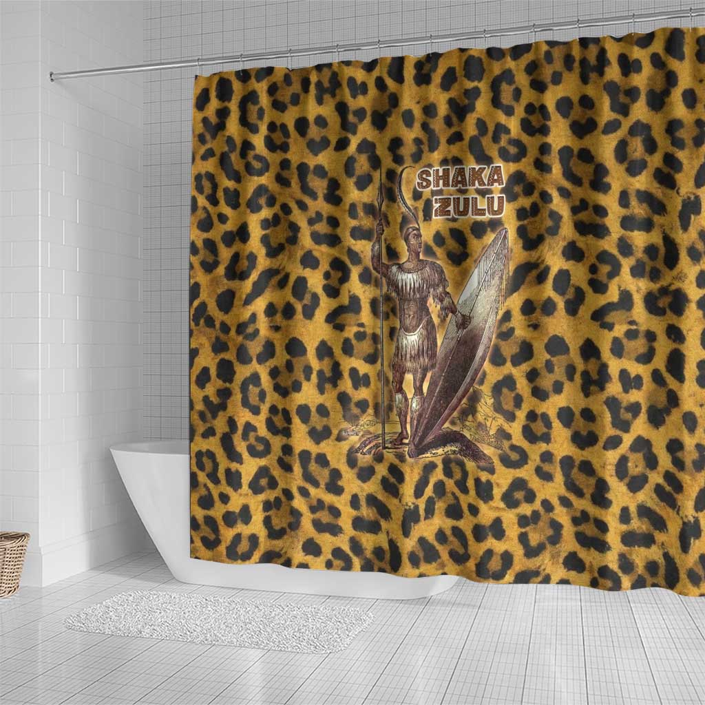 Shaka Zulu Shower Curtain Leopard Print Design Traditional Warrior Spear and Shield Illustration Tribal King - African Pride