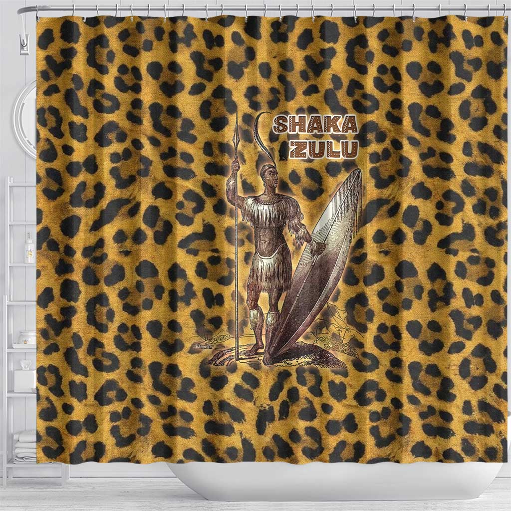 Shaka Zulu Shower Curtain Leopard Print Design Traditional Warrior Spear and Shield Illustration Tribal King - African Pride