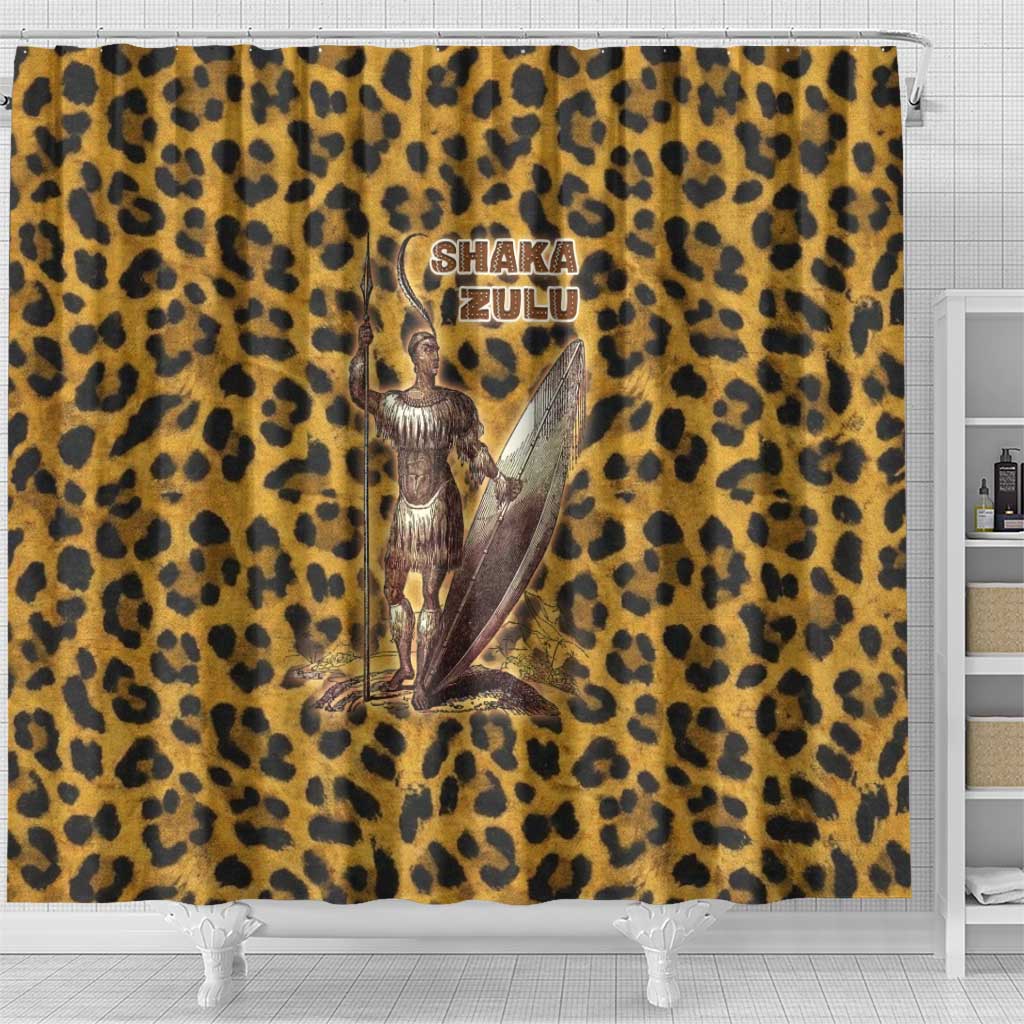 Shaka Zulu Shower Curtain Leopard Print Design Traditional Warrior Spear and Shield Illustration Tribal King - African Pride