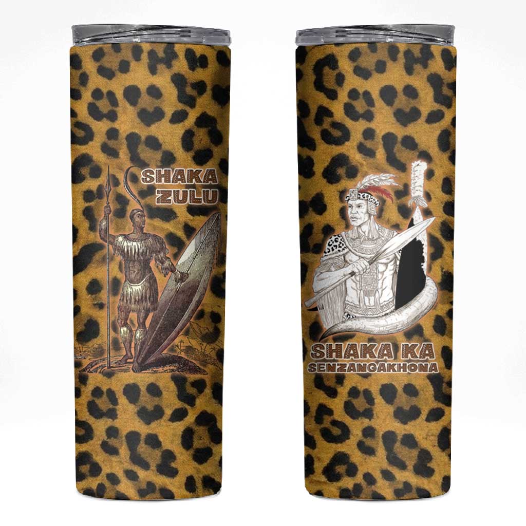 Shaka Zulu Skinny Tumbler Leopard Print Design Traditional Warrior Spear and Shield Illustration Tribal King - African Pride