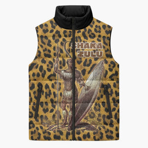 Shaka Zulu Sleeveless Puffer Jacket Leopard Print Design Traditional Warrior Spear and Shield Illustration Tribal King - African Pride