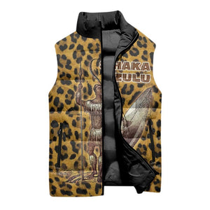 Shaka Zulu Sleeveless Puffer Jacket Leopard Print Design Traditional Warrior Spear and Shield Illustration Tribal King - African Pride