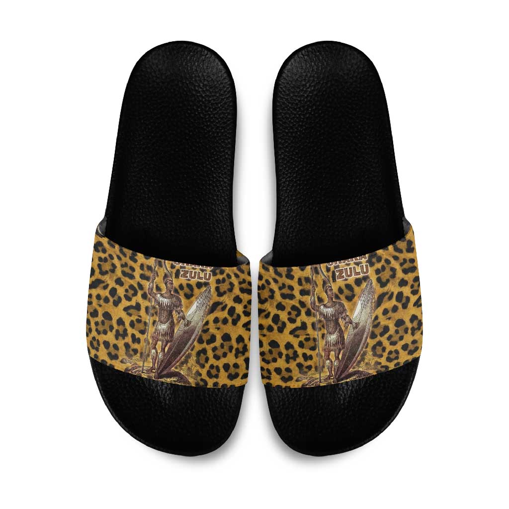 Shaka Zulu Slide Sandals Leopard Print Design Traditional Warrior Spear and Shield Illustration Tribal King - African Pride