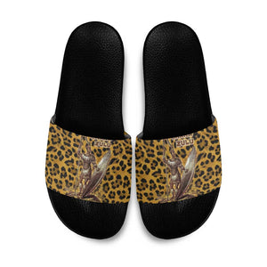 Shaka Zulu Slide Sandals Leopard Print Design Traditional Warrior Spear and Shield Illustration Tribal King - African Pride