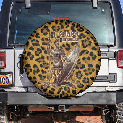 Shaka Zulu Spare Tire Cover Leopard Print Design Traditional Warrior Spear and Shield Illustration Tribal King - African Pride