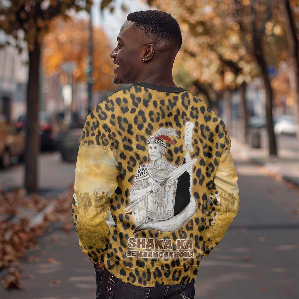 Shaka Zulu Sweatshirt Leopard Print Design Traditional Warrior Spear and Shield Illustration Tribal King - African Pride