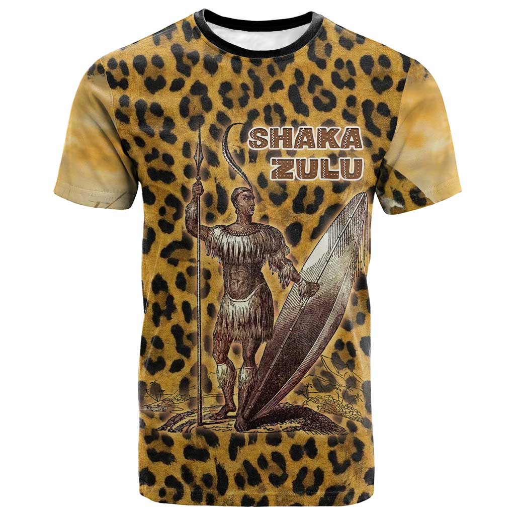 Shaka Zulu T shirt Leopard Print Design Traditional Warrior Spear and Shield Illustration Tribal King - African Pride