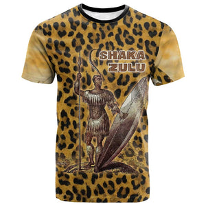 Shaka Zulu T shirt Leopard Print Design Traditional Warrior Spear and Shield Illustration Tribal King - African Pride