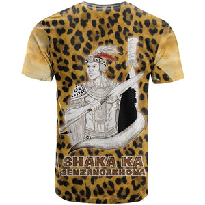 Shaka Zulu T shirt Leopard Print Design Traditional Warrior Spear and Shield Illustration Tribal King - African Pride
