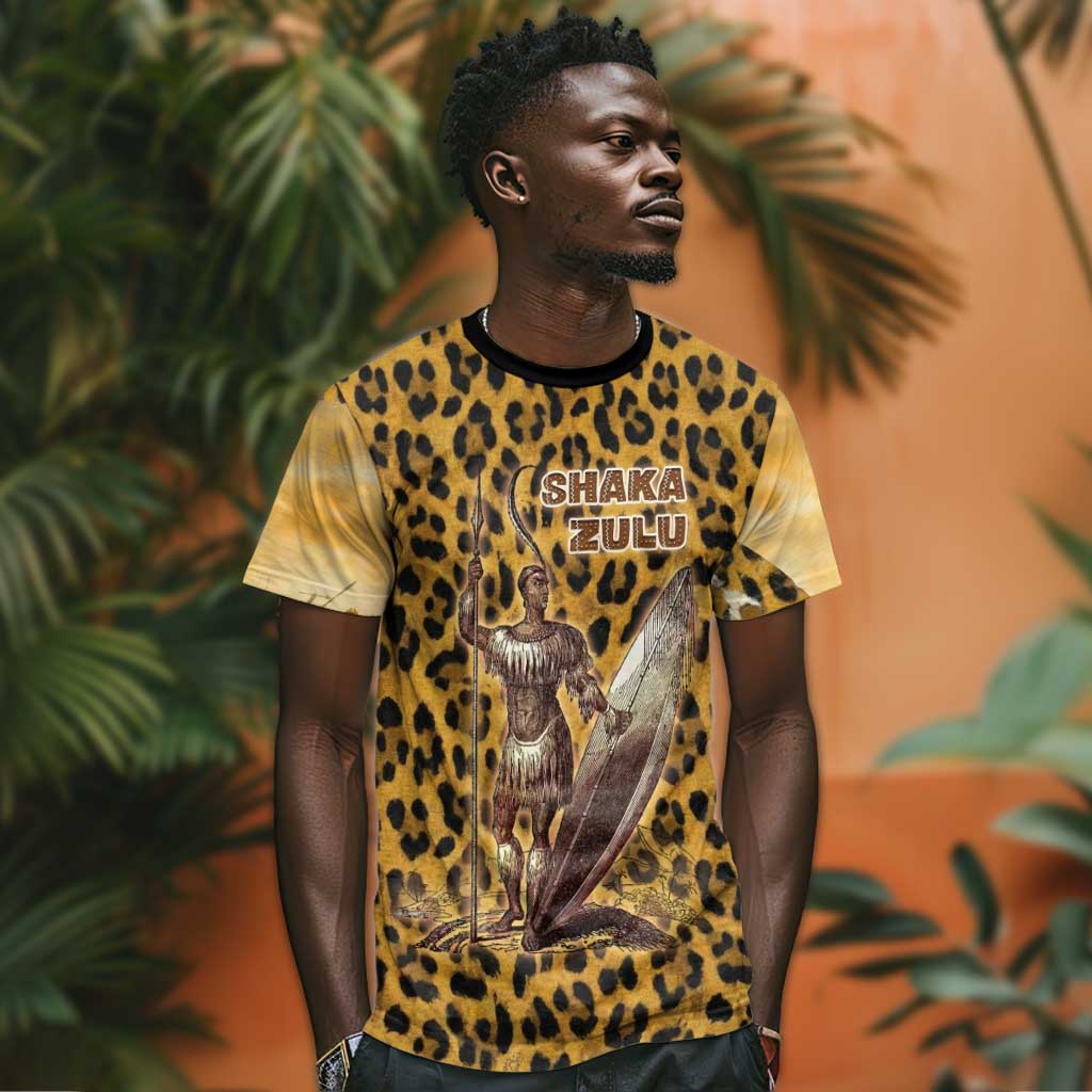 Shaka Zulu T shirt Leopard Print Design Traditional Warrior Spear and Shield Illustration Tribal King - African Pride