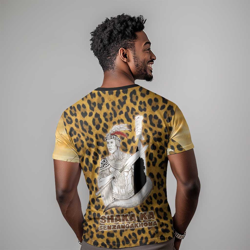 Shaka Zulu T shirt Leopard Print Design Traditional Warrior Spear and Shield Illustration Tribal King - African Pride