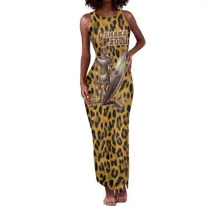 Shaka Zulu Tank Maxi Dress Leopard Print Design Traditional Warrior Spear and Shield Illustration Tribal King - African Pride