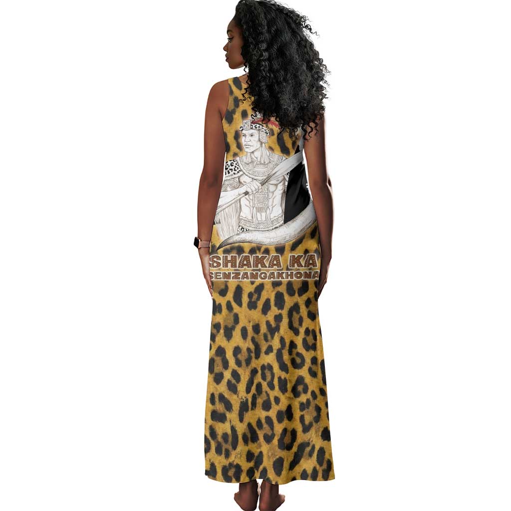 Shaka Zulu Tank Maxi Dress Leopard Print Design Traditional Warrior Spear and Shield Illustration Tribal King - African Pride