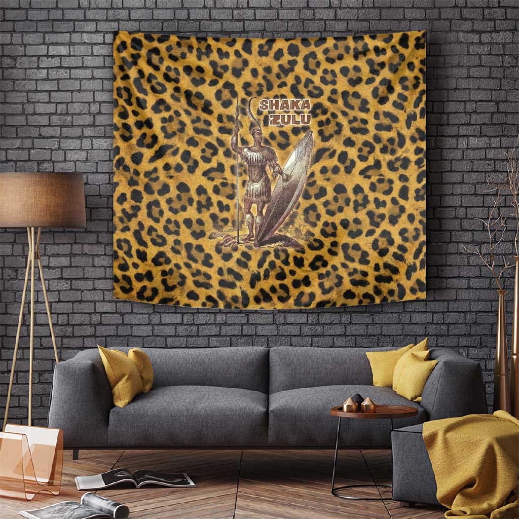 Shaka Zulu Tapestry Leopard Print Design Traditional Warrior Spear and Shield Illustration Tribal King - African Pride