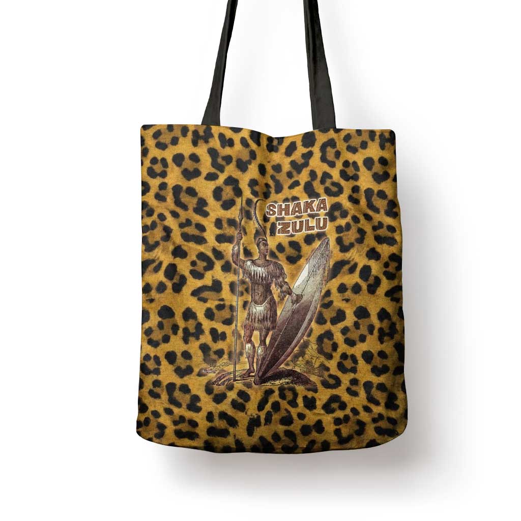 Shaka Zulu Tote Bag Leopard Print Design Traditional Warrior Spear and Shield Illustration Tribal King - African Pride