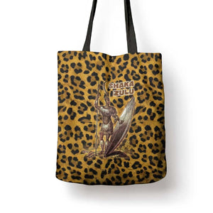 Shaka Zulu Tote Bag Leopard Print Design Traditional Warrior Spear and Shield Illustration Tribal King - African Pride
