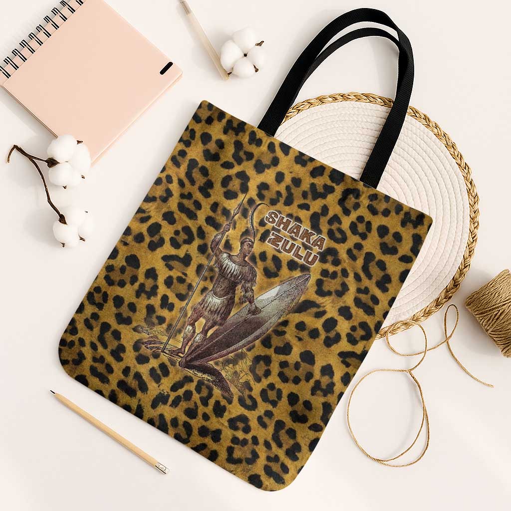 Shaka Zulu Tote Bag Leopard Print Design Traditional Warrior Spear and Shield Illustration Tribal King - African Pride