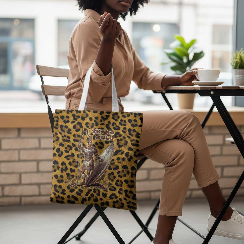 Shaka Zulu Tote Bag Leopard Print Design Traditional Warrior Spear and Shield Illustration Tribal King - African Pride