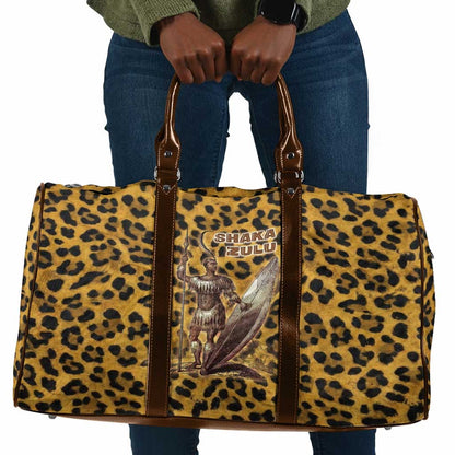 Shaka Zulu Travel Bag Leopard Print Design Traditional Warrior Spear and Shield Illustration Tribal King - African Pride