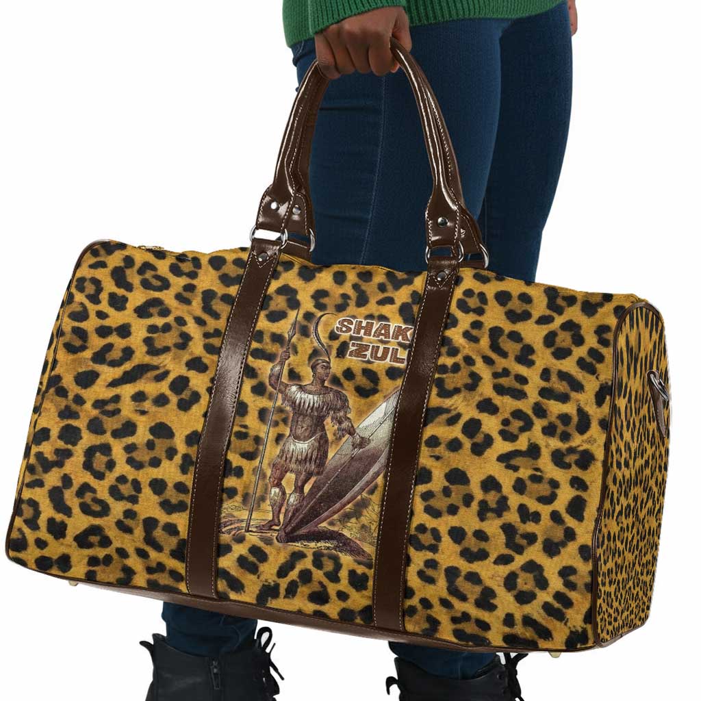 Shaka Zulu Travel Bag Leopard Print Design Traditional Warrior Spear and Shield Illustration Tribal King - African Pride