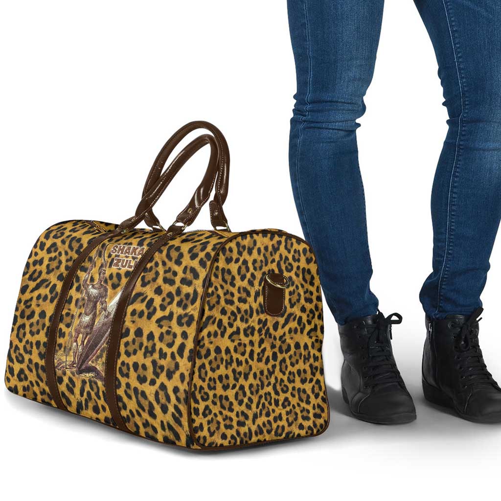 Shaka Zulu Travel Bag Leopard Print Design Traditional Warrior Spear and Shield Illustration Tribal King - African Pride
