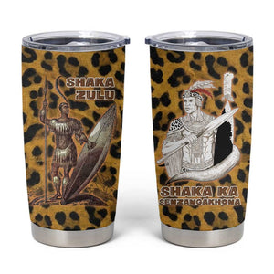 Shaka Zulu Tumbler Cup Leopard Print Design Traditional Warrior Spear and Shield Illustration Tribal King - African Pride